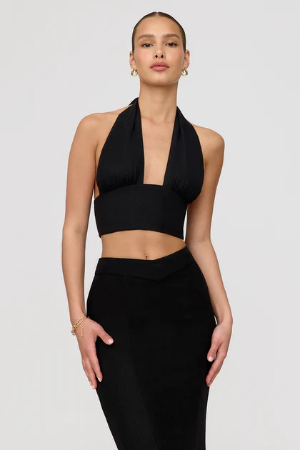 ALGARVE LINEN BLEND MULTIWAY HALTER CROP TOP - SHADOW BLACK | TALA (UK)