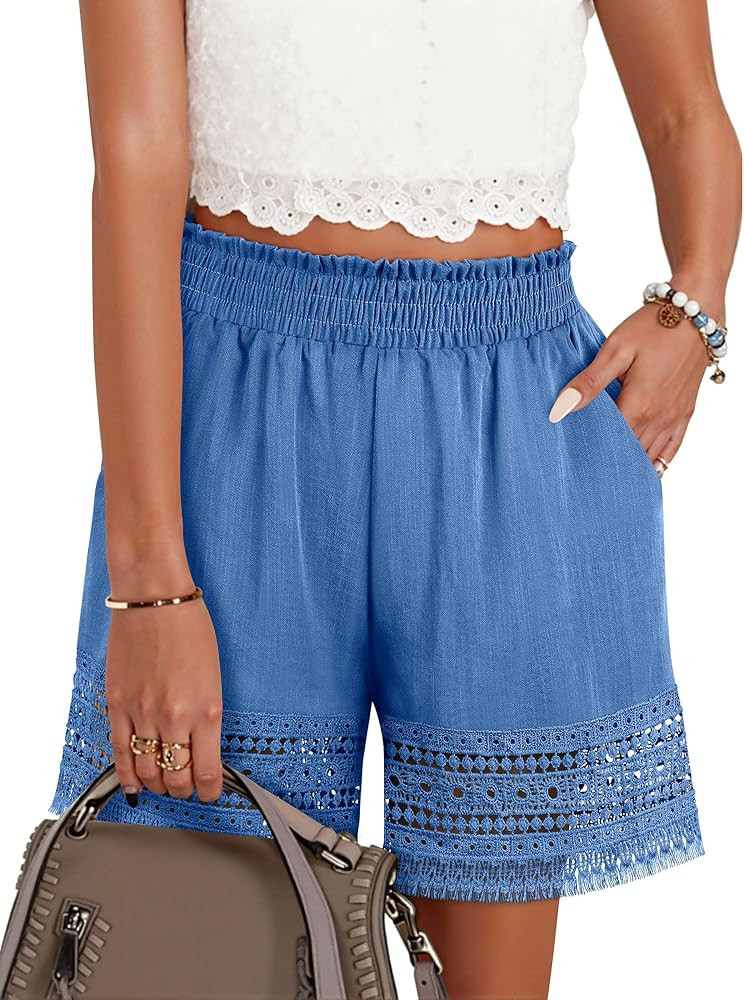 Women's Casual Elastic Waist Lounge Shorts Comfy Stretch Lace Trim Summer Beach Linen Ruffle Shorts | Amazon (US)