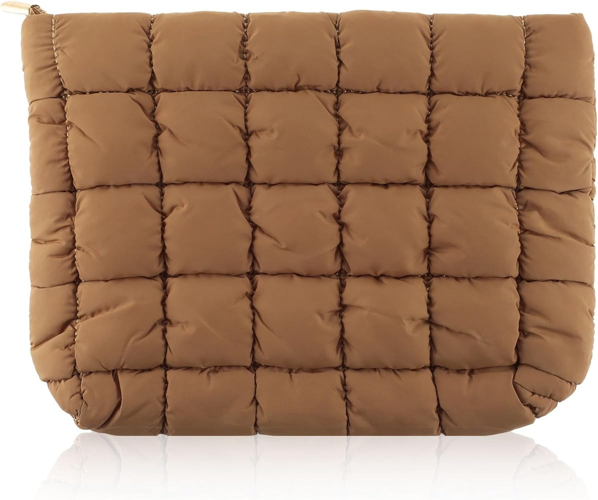 Brown Puffy Makeup Bag, Quilted Makeup Bag Cosmetic Bag Travel Puffer Makeup Pouch Cute Toiletry ... | Amazon (US)