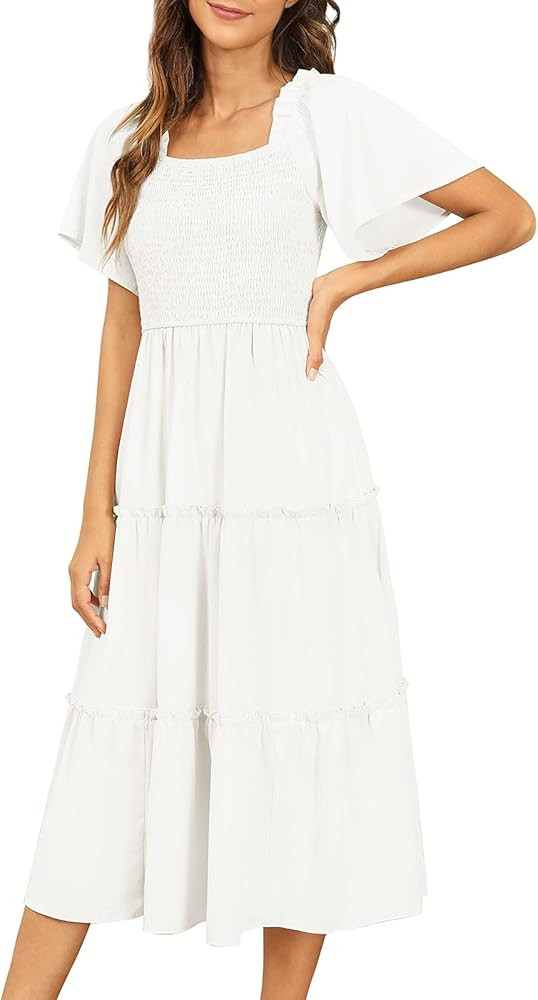Zattcas Womens Smocked Flutter Sleeve Dress Square Neck Ruffle Tiered Midi Dress | Amazon (US)
