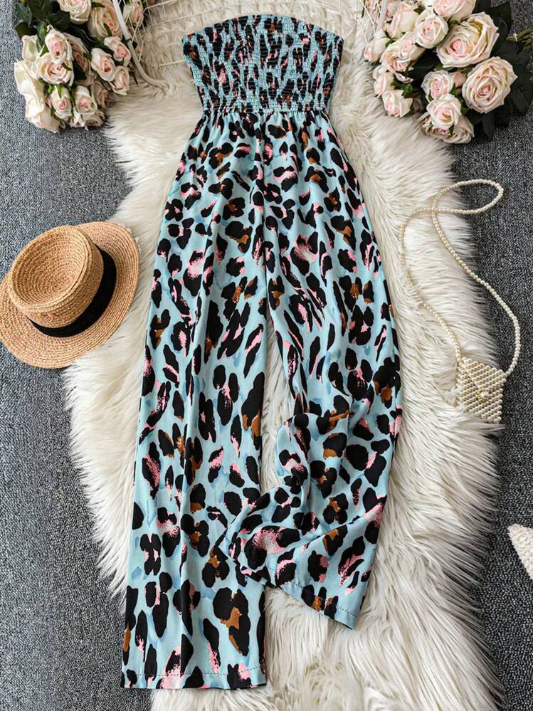 SHEIN Clasi Women's Vacation Casual Leopard Print Jumpsuit With Shirred Design | SHEIN