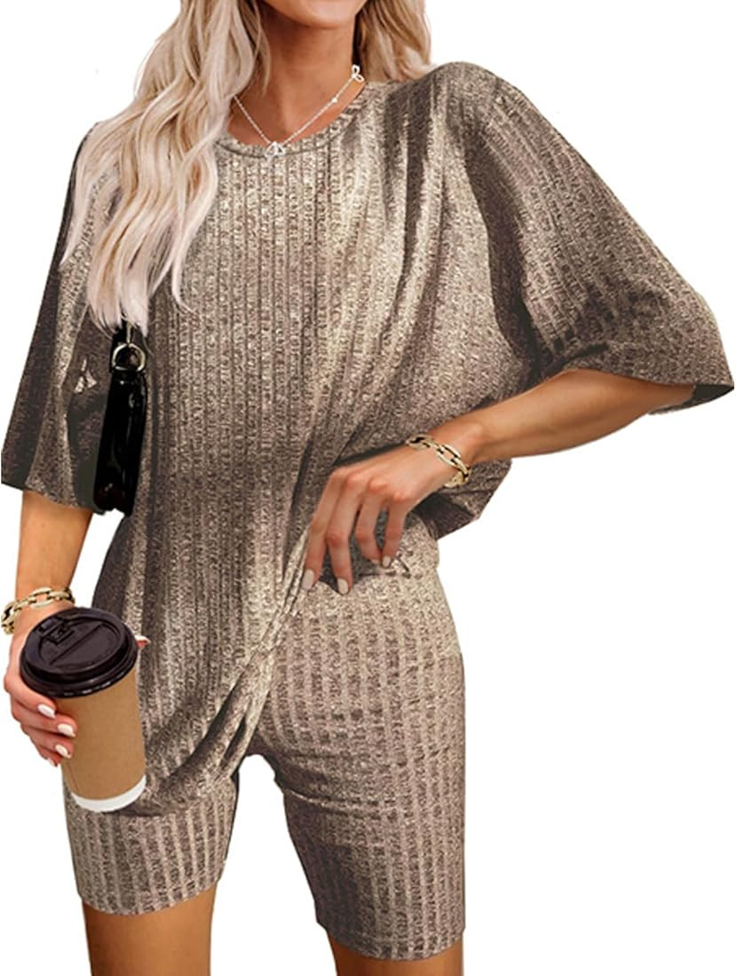 Ribbed Knit Lounge Set for Women Pajama Set 2 Piece Outfits Oversized T-Shirt and Biker Shorts Se... | Amazon (US)
