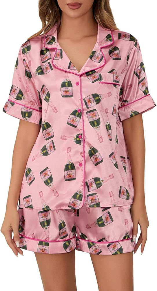 Women Champagne Bottle Pajamas Set Y2k Printed Button Down Shirt and Shorts Sleepwear 2 Piece Pjs... | Amazon (US)