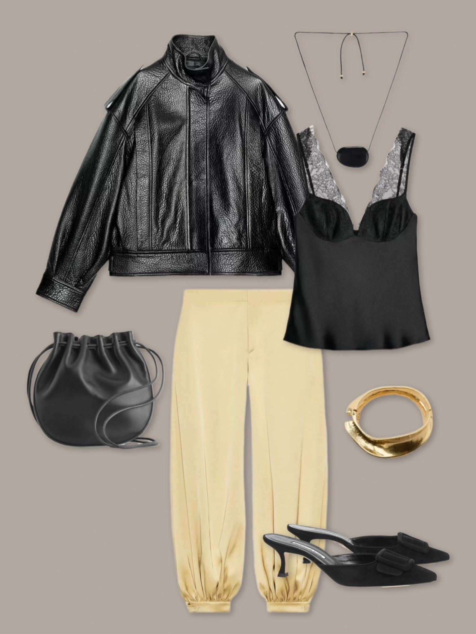 Zara outfit - date night outfit - leather jacket - satin lace camisole top - satin barrel leg trousers - satin pants - Manila blahnik Maysale mules - party wear - gold bangle - black pendant necklace #zara 

#LTKdatenight #LTKshoes #LTKautumn