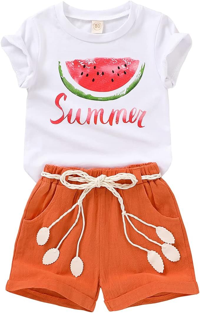 YOUNGER TREE Toddler Baby Girls Clothes Watermelon T-shirt + Linen Shorts with Belt Cute Summer S... | Amazon (US)
