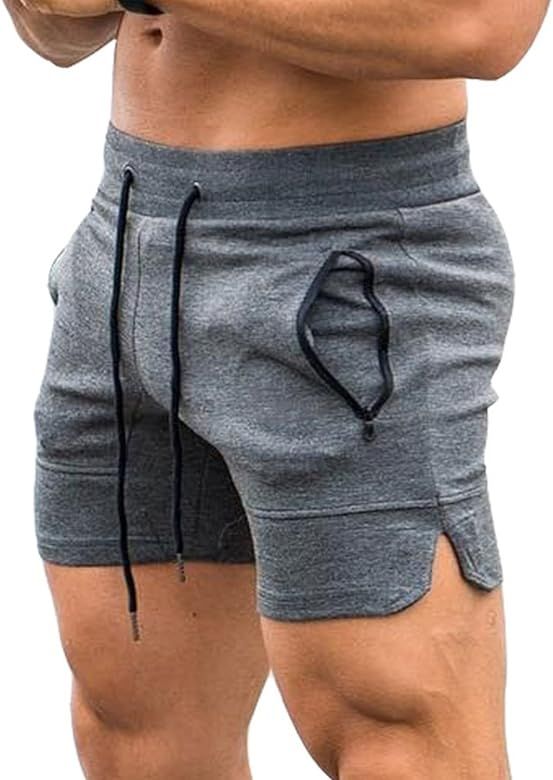 Men's Solid Gym Workout Shorts Bodybuilding Running Fitted Training Jogging Short Pants with Zipp... | Amazon (US)