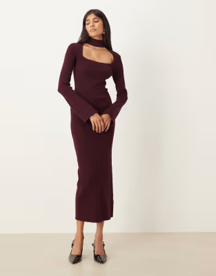 Pretty Lavish knitted square neck choker detail midaxi dress in burgundy | ASOS (Global)