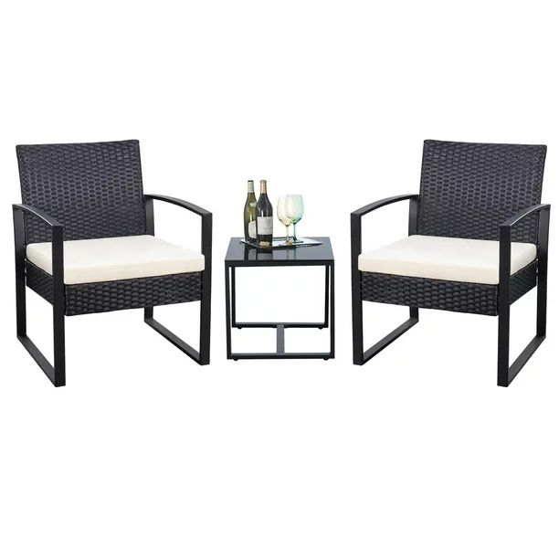 Walnew 3 Pieces Patio Indoor Conversation Set Cushioned PE Rattan Bistro Chairs Set of 2 with Tab... | Walmart (US)