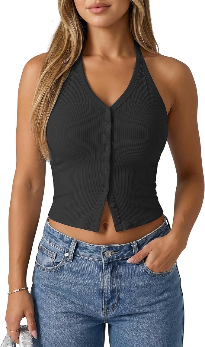 G4Free Ribbed Halter Crop Tank Tops Backless Going Out Camisoles Open Back Y2K Slim Fit Cropped C... | Amazon (US)