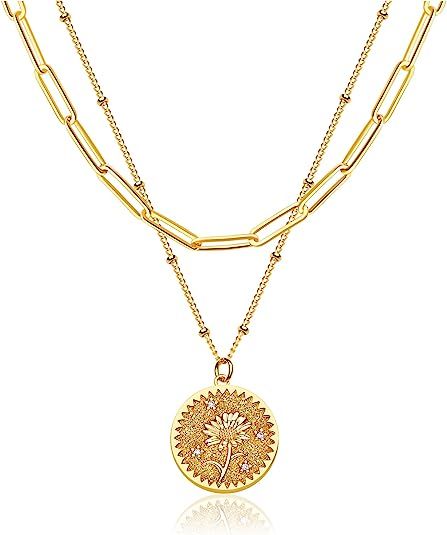 MEVECCO Gold Birth Flower Coin Necklace for Women Paperclip Chain Choker Layered Set Embossed Dis... | Amazon (US)