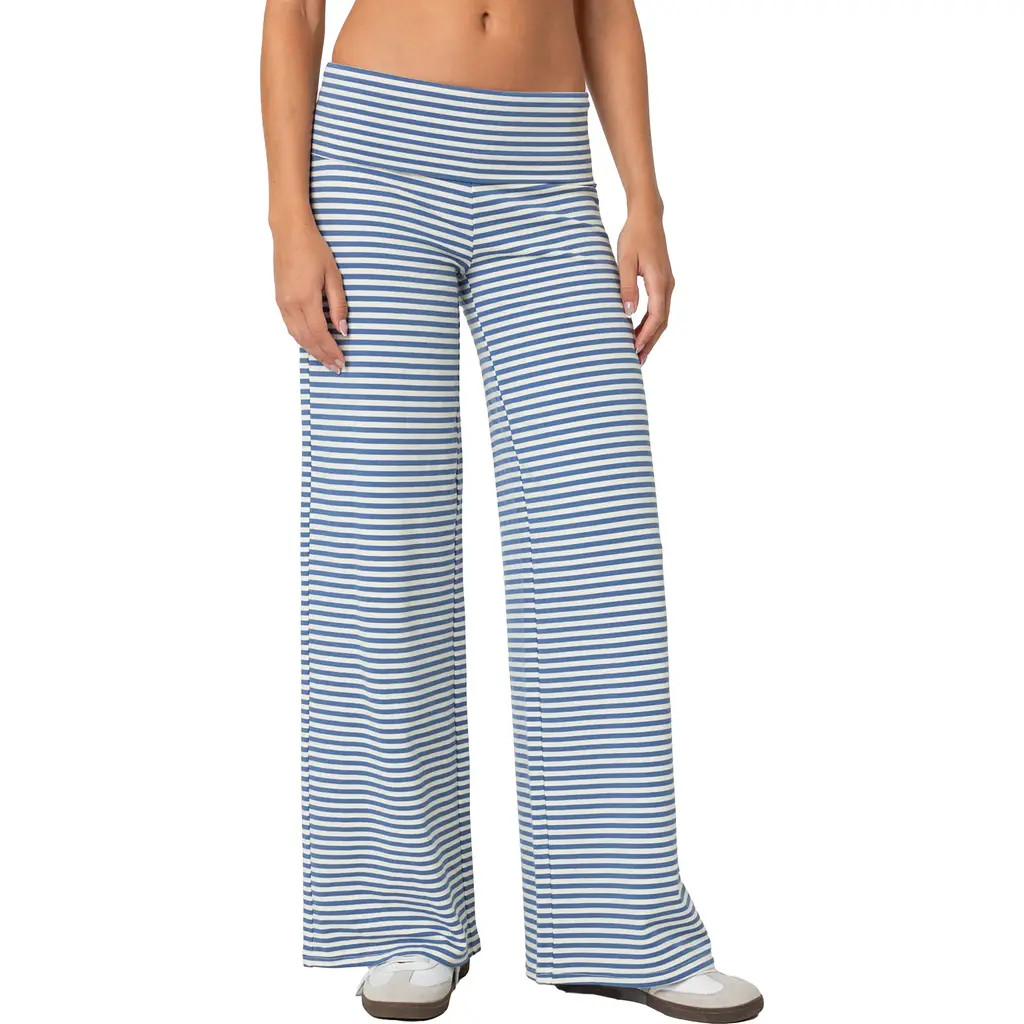 EDIKTED Lilah Stripe Foldover Pants in Blue-And-White at Nordstrom, Size X-Large | Nordstrom