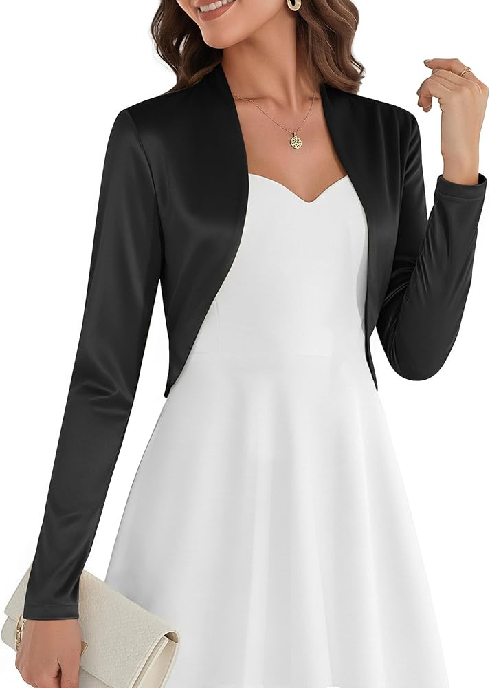 Belle Poque Women Long Sleeve Bolero Shrug Open Front Satin Jacket Ruffled Shrugs for Evening Dre... | Amazon (US)