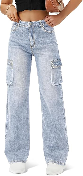 Women High Waisted Cargo Jean for Women with 6 Pockets Straight Wide Leg Jean Casual Baggy Pants | Amazon (US)