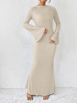 Narecte Fall Dresses for Women 2025 Maxi Dresses Solid Color Boho Dress Flare Sleeve Bodycon Dres... | Amazon (US)
