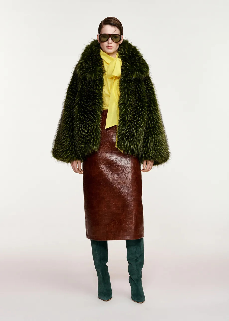 Brown croco-effect faux leather midi skirt | Essentiel Antwerp United Kingdom | Essentiel Antwerp