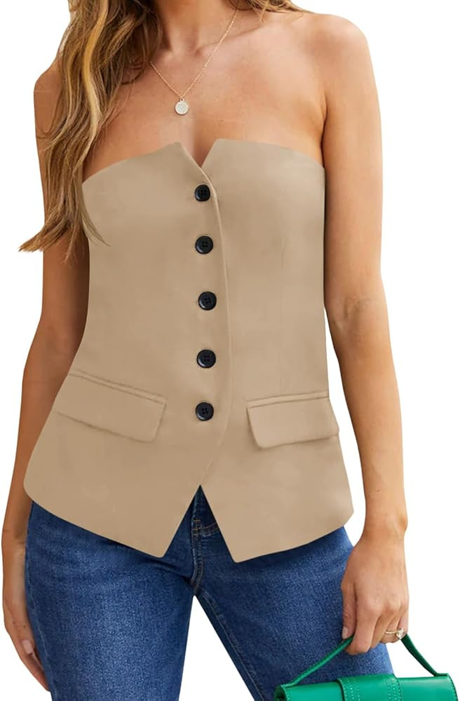 Cicy Bell Notched Neck Tube Tops Blazer Sleeveless Button Fitted Strapless Work Blazer Vest | Amazon (US)