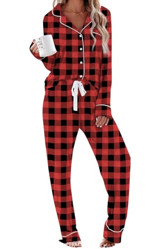 Aamikast Pajama Sets for Women Soft Button Up Christmas Pjs Matching Sets (Plaid Red L) | Amazon (US)