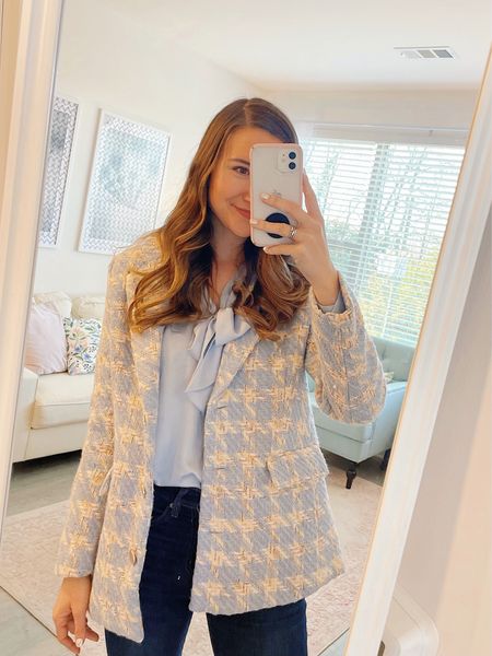 Work OOTD 🤍 Wore this tweed blazer from Forever21 for several meetings today and got tons of compliments! So thick, well made, and the blue & cream print is beautiful — cannot believe I got it for under $50!! Paired with an old Ann Taylor blouse, but linking options from Red Dress below. Also linking my L’ange Le Duo and favorite Charlotte Tilbury Pillowtalk that I have on here! 

#LTKworkwear #LTKunder50 #LTKbeauty