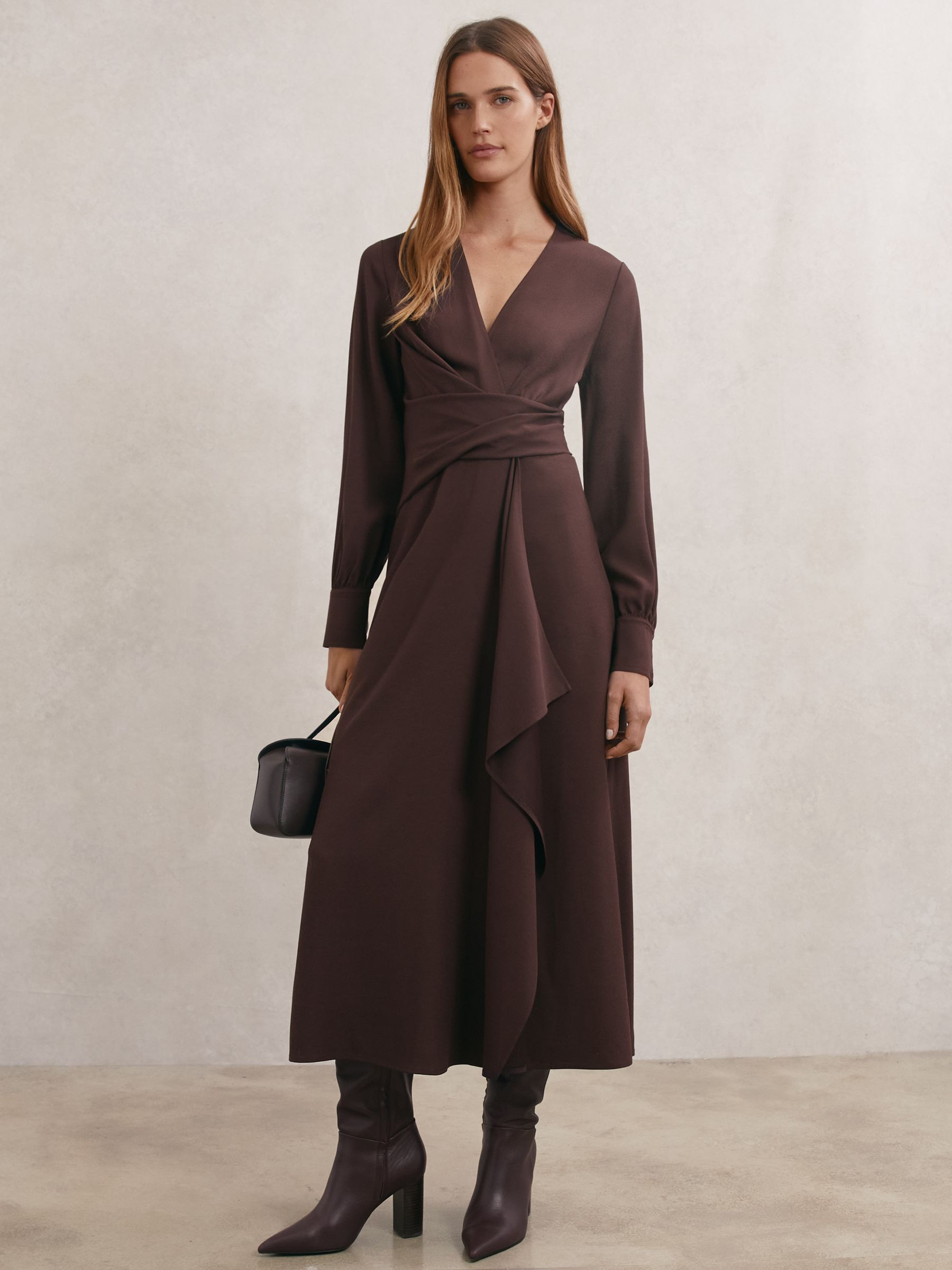Reiss Wrap-Front Drape Midi Dress with Wool in Burgundy - REISS | Reiss UK