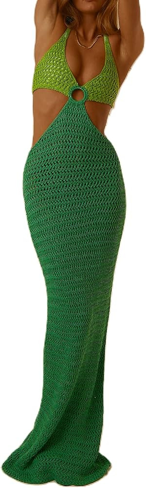 ROAONOCOMO Women Crochet Knit Maxi Dresses Y2K Hollow Out Long Dresses Halter Neck Bodycon Dress ... | Amazon (US)