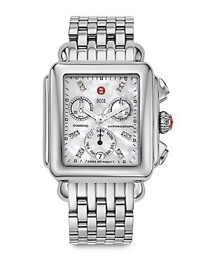 Michele Watches Women's Deco 18 Diamond, Mother-Of-Pearl & Stainless Steel Chronograph Bracelet Watch - Silver | Saks Fifth Avenue