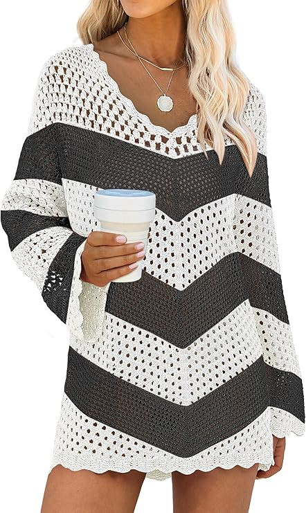 ANRABESS Women Swimsuit Crochet Swim Cover Up Summer Bathing Suit Swimwear V Neck Mesh Knit Beach... | Amazon (US)