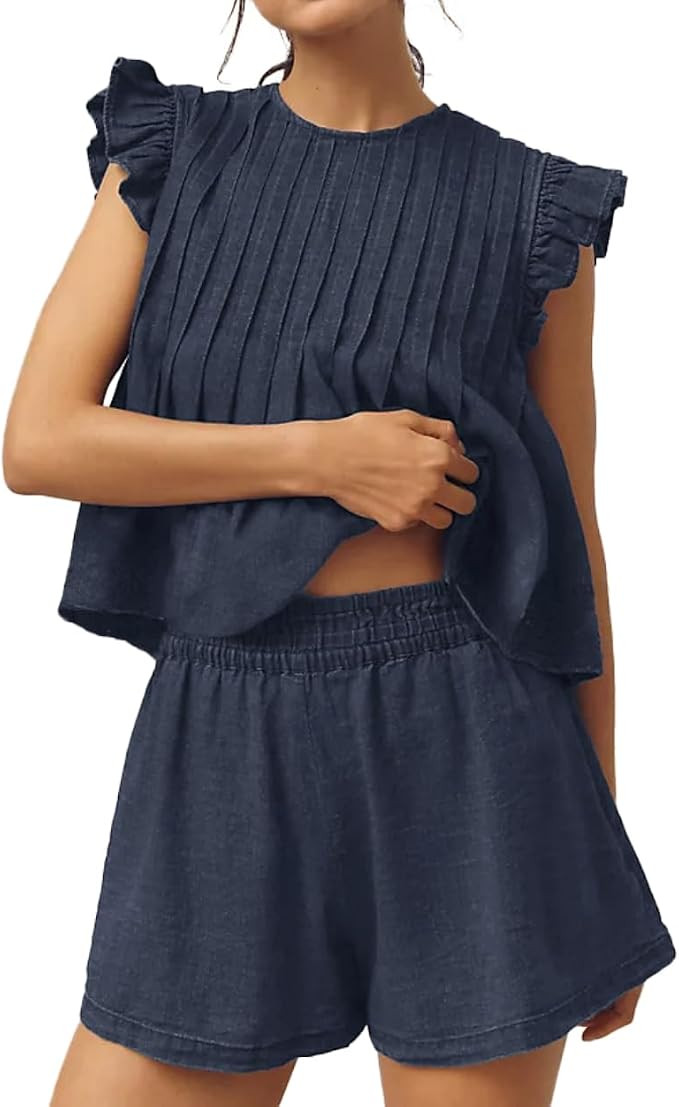 Women's 2 Piece Denim Sets Ruffled Sleeve Pleated Tops High-Waisted Denim Shorts Sets Fashion Sui... | Amazon (US)