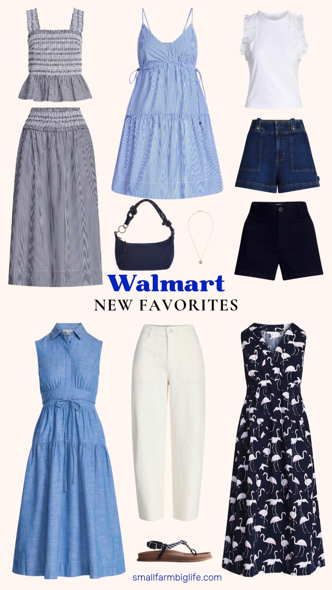 Free Assembly at Walmart has become one of my favorite affordable fashion brands and these new arrivals are so good right now. I rounded up twelve pieces including a smocked peplum tank, a tiered mini dress with side ties, a sleeveless maxi shirtdress with belt, a flamingo print v neck maxi dress, a striped maxi skirt with smocked waist, high rise denim utility shorts, high rise patch pocket denim shorts, cropped carpenter barrel jeans, rope footbed sandals, a canvas shoulder bag, and a gorgeous 14K gold plated cubic zirconia necklace. The dark navy and chambray tones running through this collection are so fresh and summery and everything coordinates beautifully together which makes it easy to mix and match pieces across multiple outfits. All at Walmart prices which makes this collection even better. Tap to shop! 

 #LTKgrwm #LTKootd #LTKOver40