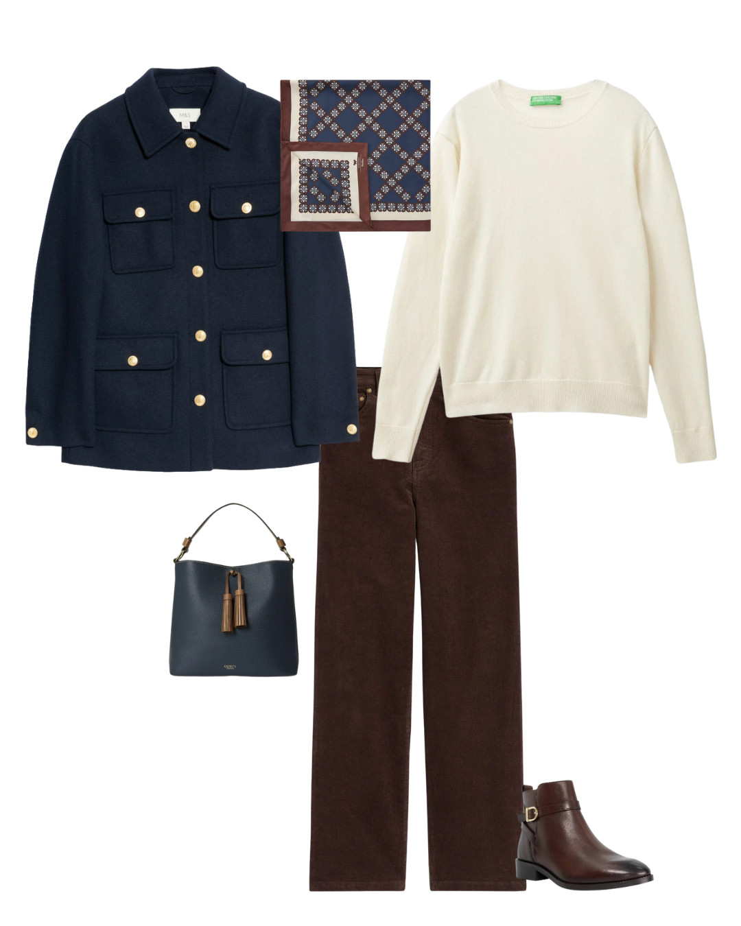 Country living farmers market to coffee with friends - Chocolate brown cord trousers, cream merino wool jumper, navy wool utility jacket, leather ankle boots, leather bag, silk square scarf 

 #LTKuk #LTKautumn #LTKover50style