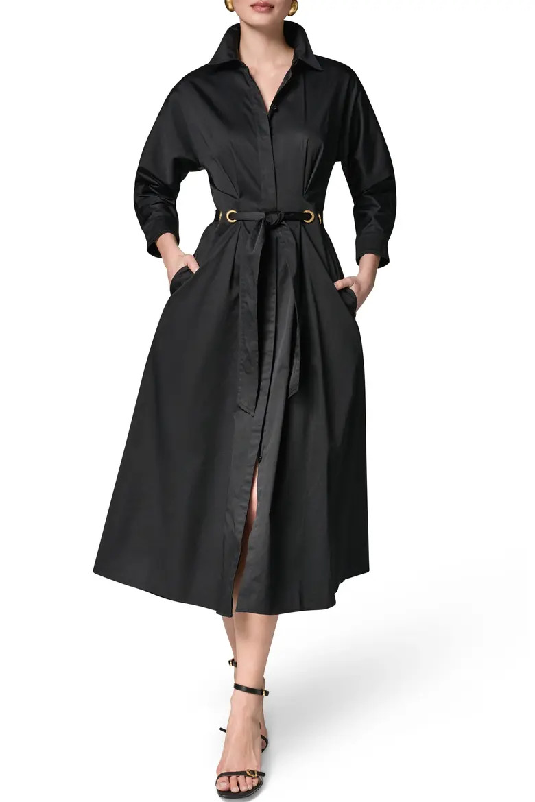 Drawstring Waist Stretch Cotton Midi Shirtdress (Women) | Nordstrom | Nordstrom