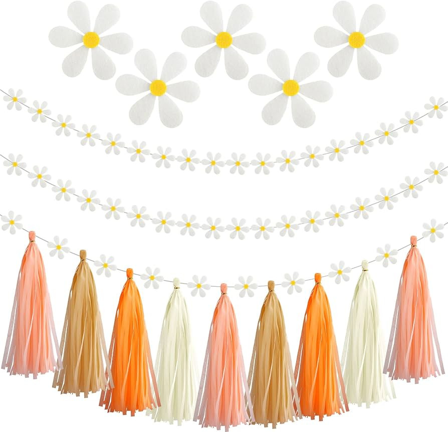 20 Pieces Daisy Groovy Boho Garland 2 Pieces Daisy Garland Party Tassel Banner Artificial Daisy P... | Amazon (US)