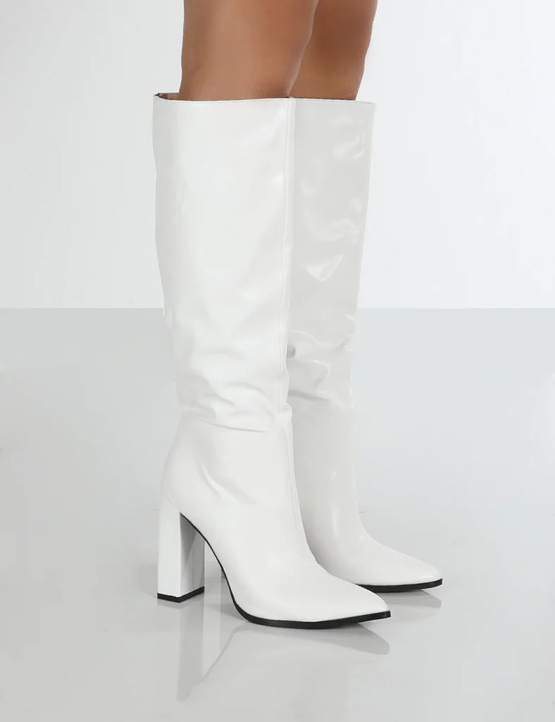 Posie Wide Fit White Pu Knee High Boots | Public Desire (US & CA)