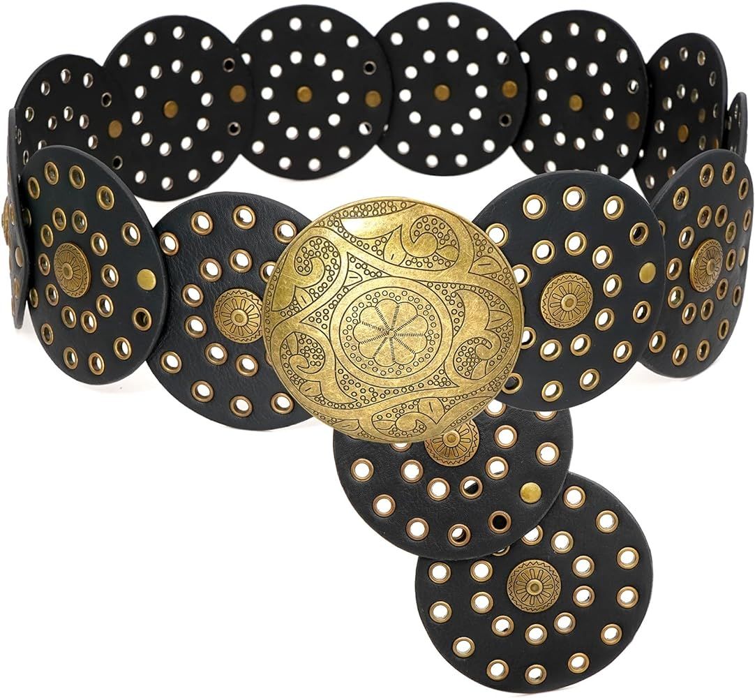 Wide Disc Belt for Women Boho Disk Concho Leather Belts Western Waist Belts for Dress | Amazon (US)