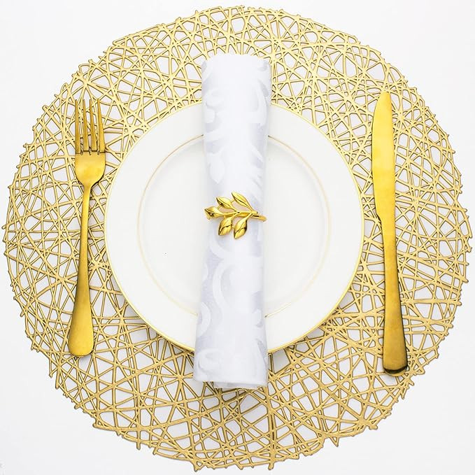 Evevda Gold Round Placemats for Dining Table Set of 6 Metallic Pressed Vinyl Circle Table Mats Wi... | Amazon (US)