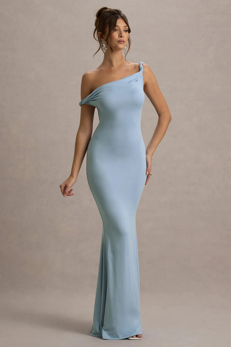 Lita  Powder Blue Twisted Asymmetric Maxi Dress | Club L London