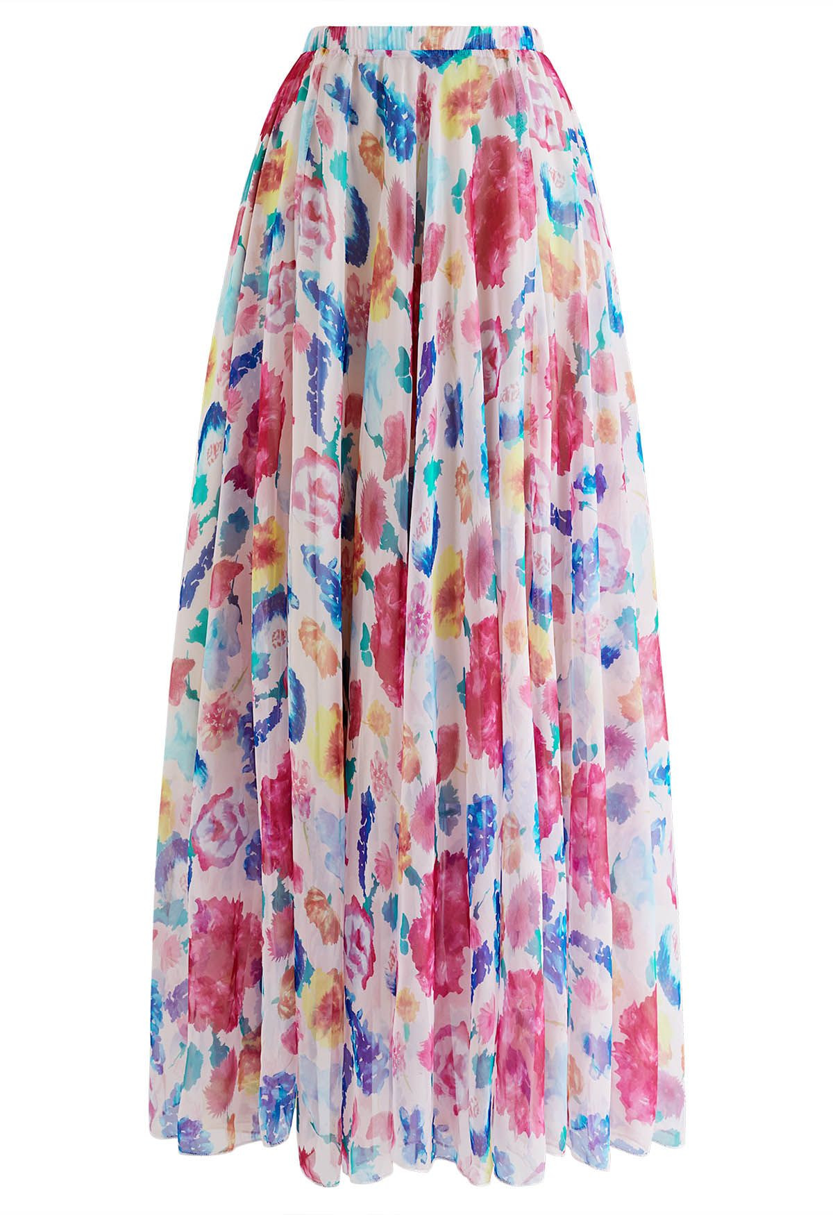 Colorful Blossom Printed Chiffon Maxi Skirt in Pink | Chicwish