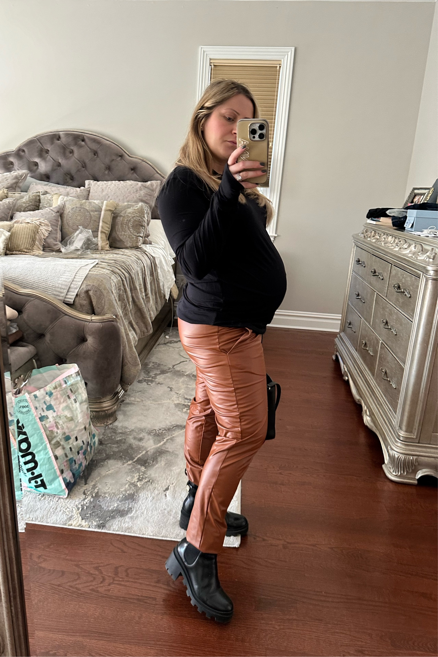 Outfit of the day - love these maternity faux leather pants  

#LTKbump #LTKstyletip #LTKSeasonal