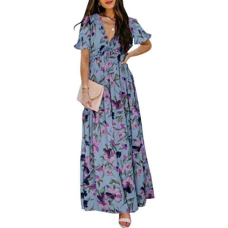 Dokotoo Women Floral Maxi Dresses V Neck Short Sleeve Chiffon Bohemian Dress Loose Evening Party ... | Walmart (US)