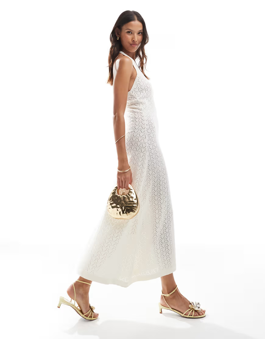 ASOS DESIGN knitted halter maxi dress with gold shell in ecru-White | ASOS (Global)