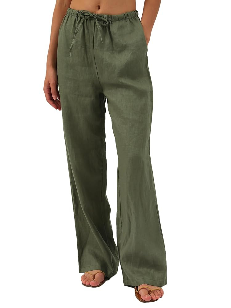 Amazhiyu Womens Pure Linen Summer Drawstring Flowy Wide Leg Pants with Pockets | Amazon (US)