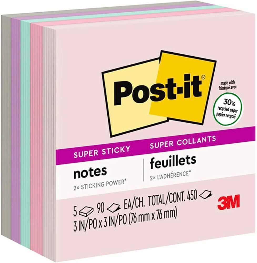 Post-it Super Sticky Recycled Notes, 3 in x 3 in, 6 Pads, 2x the Sticking Power, Bali Collection,... | Amazon (US)