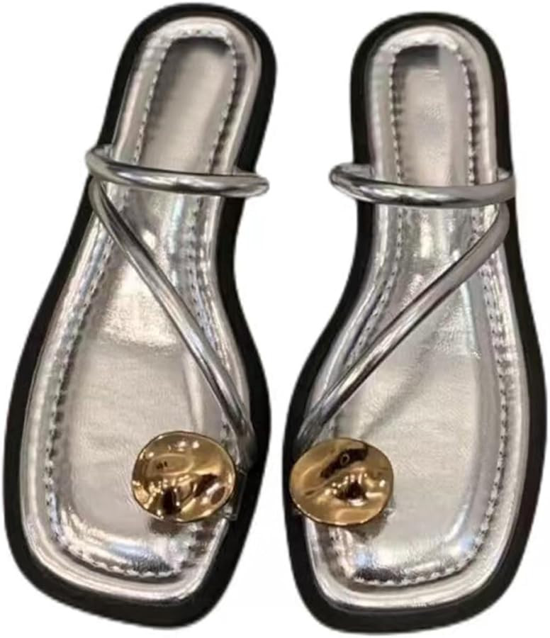 Women's Leather Strappy Flat Metal Toe Ring Sandals Fashionable Square Open Toe Low Block Heel Sl... | Amazon (US)