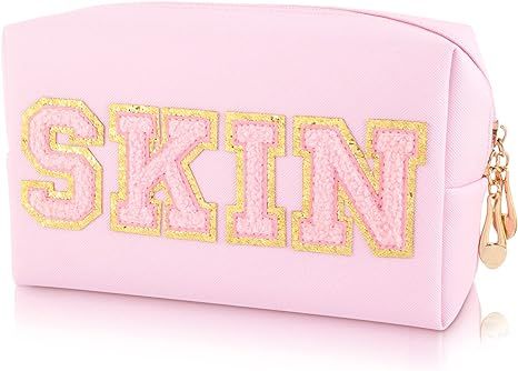 Preppy Makeup Bag , with Chenille SKIN Letter Patches Cosmetic Toiletry Care Bag,Metal Zipper Wat... | Amazon (US)