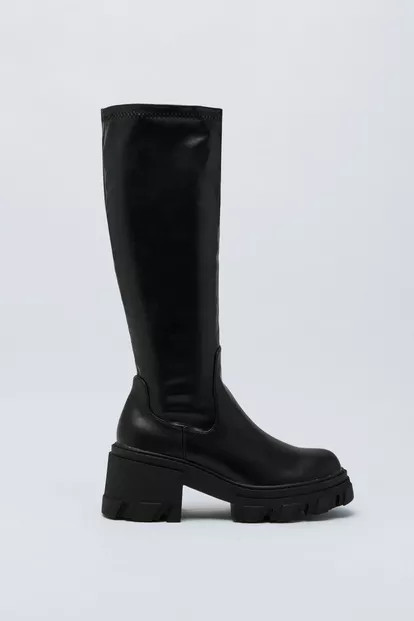 Faux Leather Chunky Knee High Chelsea Boot | Nasty Gal (US)
