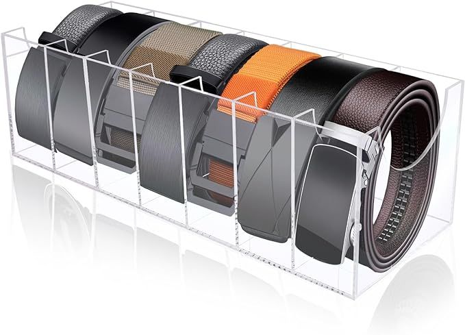 Belt Organizer, Acrylic Belt Storage Holder for The Closet 7 Compartments Display Case for Tie an... | Amazon (US)