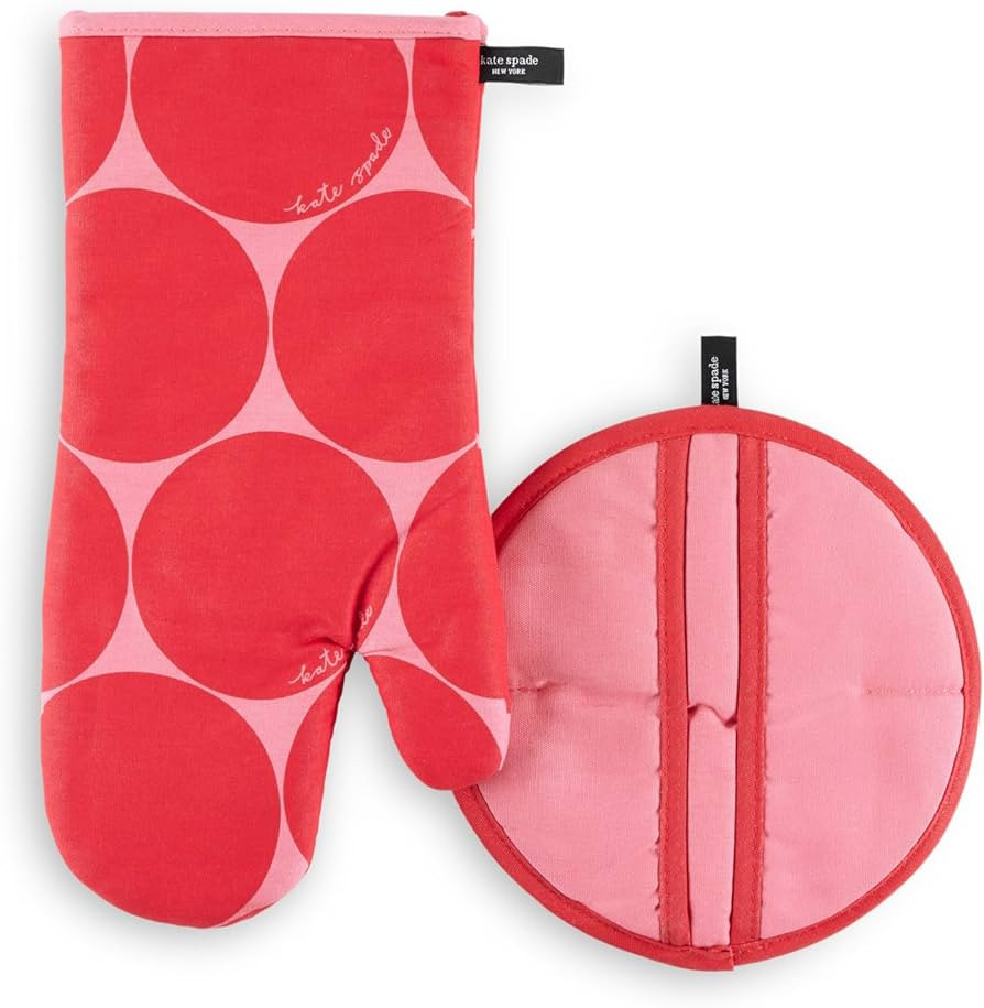 Kate Spade New York Joy Dot Oven Mitt & Pot Grabber 2-Pack Set, 7" x 13", 8" Round, Red/Rose Pink | Amazon (US)