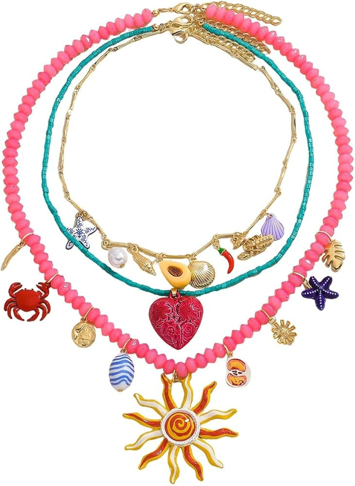 Bohemian Beaded Necklace for Women, Sun Sea Star Crab Shell Heart Pendant Necklace, Multichain Se... | Amazon (US)