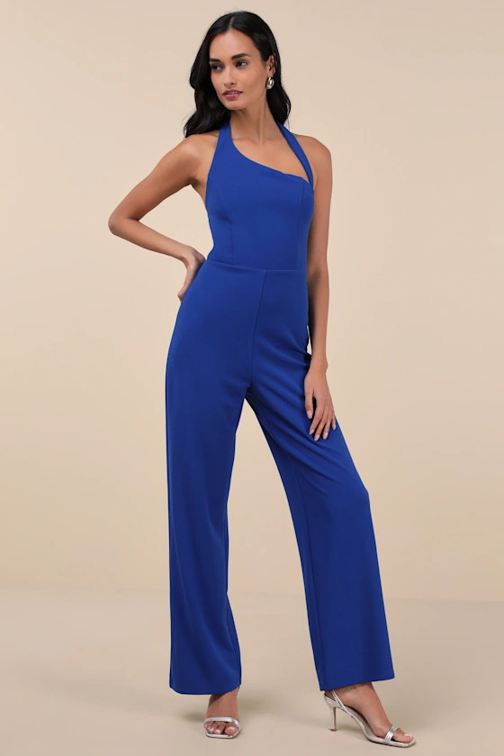Flirty Outing Royal Blue Asymmetrical Halter Jumpsuit | Lulus