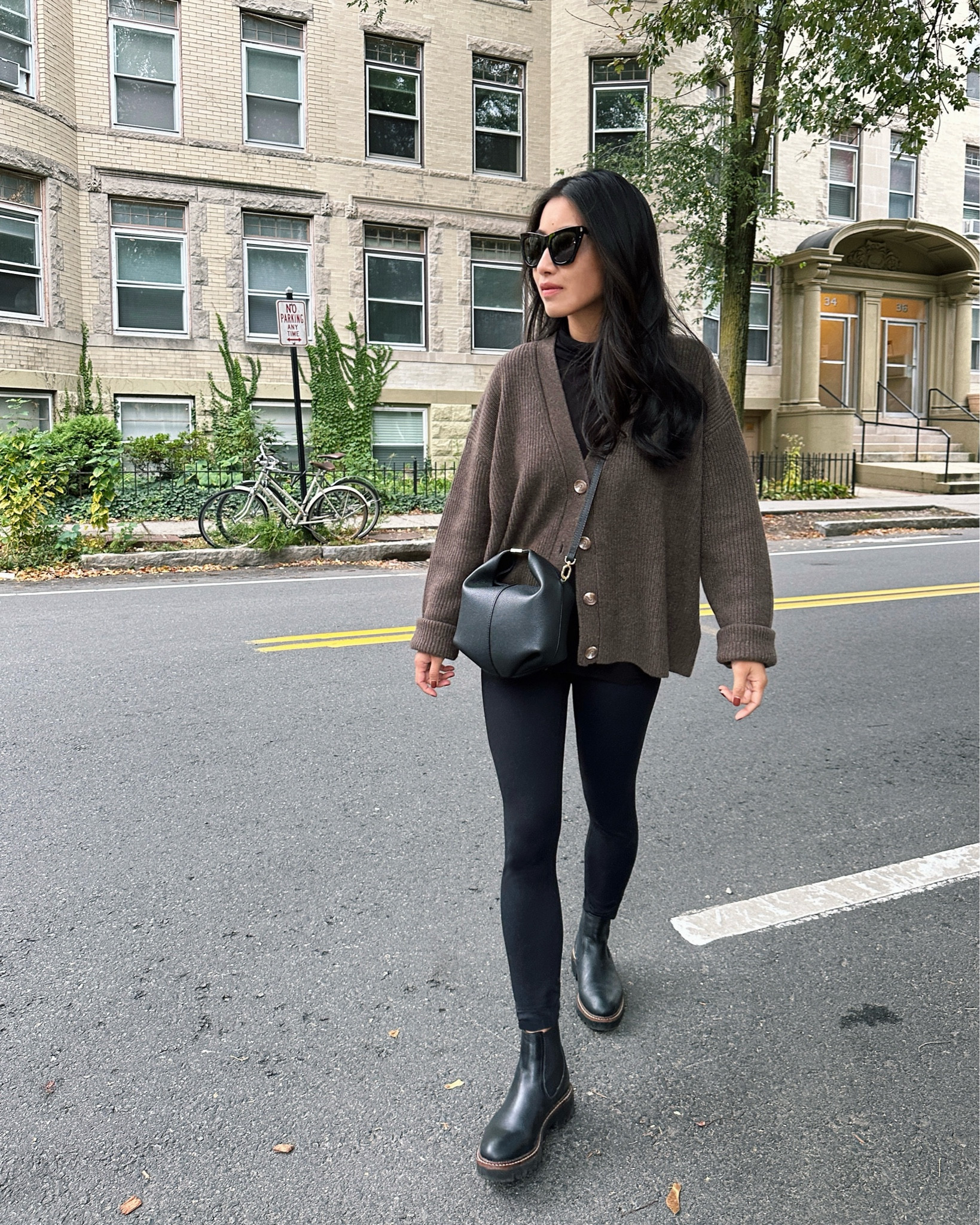 Cozy fall outfit with leggings with water resistant boots (Black Friday deal for $50) 

• Quince 100% cashmere cardigan xs. Wider boyfriend style fit. Super cozy. I always reach for this one for WFH or lounging and throwing on over leggings 

• Zella 7/8 leggings xxs on sale at Nordstrom 

• Caslon Chelsea pull on black boots 5, I had bought at nordstorm years ago and it looks like they’re now at Nordstrom rack. 

I have the block heeled Miah as well in 5, very similar from the same brand (Caslon is now nordstorm but with a small block Heel. If between sizes go half size down on the Miah.

• mockneck top xs petite 

• Polene Beri bag (not linkable)

Casual travel outfit, Thanksgiving outfit 

#LTKStyleTip #LTKTravel #LTKSeasonal