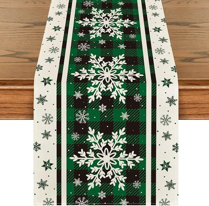 Artoid Mode Green Buffalo Plaid Snowflakes Christmas Table Runner, Seasonal Winter Kitchen Dining... | Amazon (US)